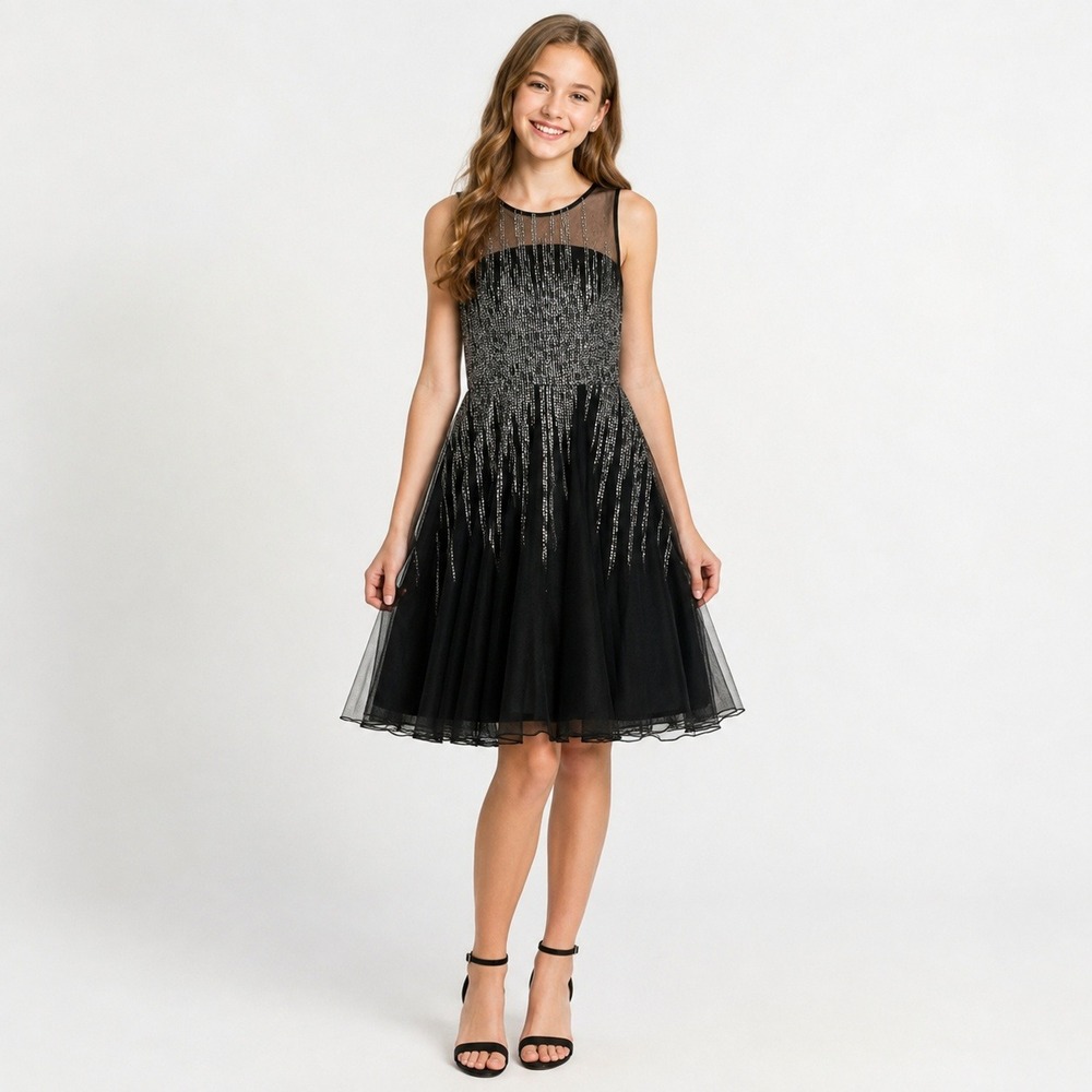Emily West Girls 16 Black Silver Sequin Tulle Fit & Flare Party Dress